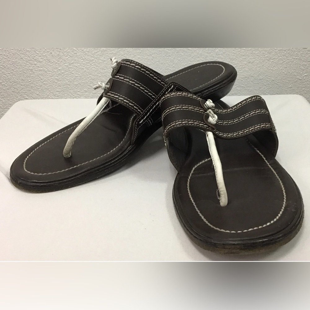 Tod’s Brown and white all Leather Tong Sandals Sz 9.5 - Picture 7 of 8